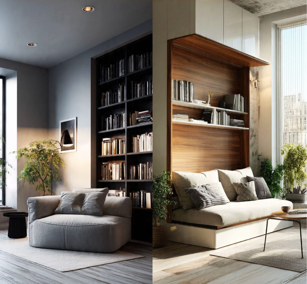 Como organizar sala pequena: 7 soluções práticas para ganhar espaço aproveitamento canto prateleira planta sala pequena organização planejados.jpg