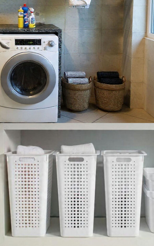 Como organizar lavanderia pequena: 8 ideias práticas para ganhar espaço organizar lavanderia pequena com prateleiras e cestos