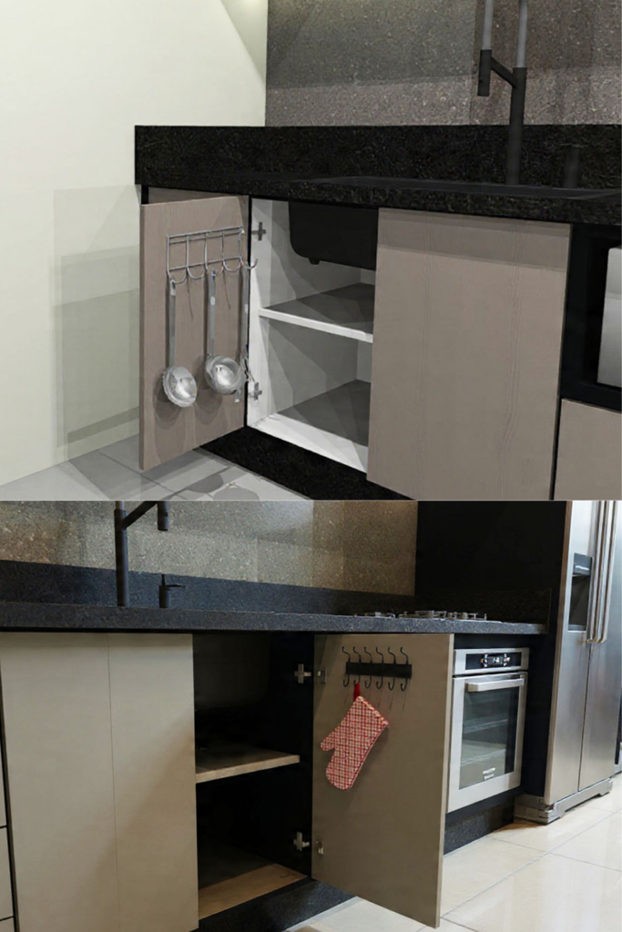 Como organizar cozinha pequena: 7 soluções inteligentes para ganhar espaço gancho interno porta cozinha pequena planejado.jpg