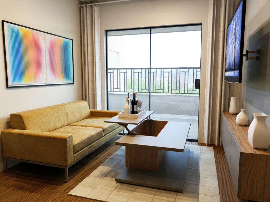 Móveis planejados para apartamentos pequenos: 10 ideias para aproveitar cada espaço mesa bar baú sala apartamento pequeno planejado.jpg