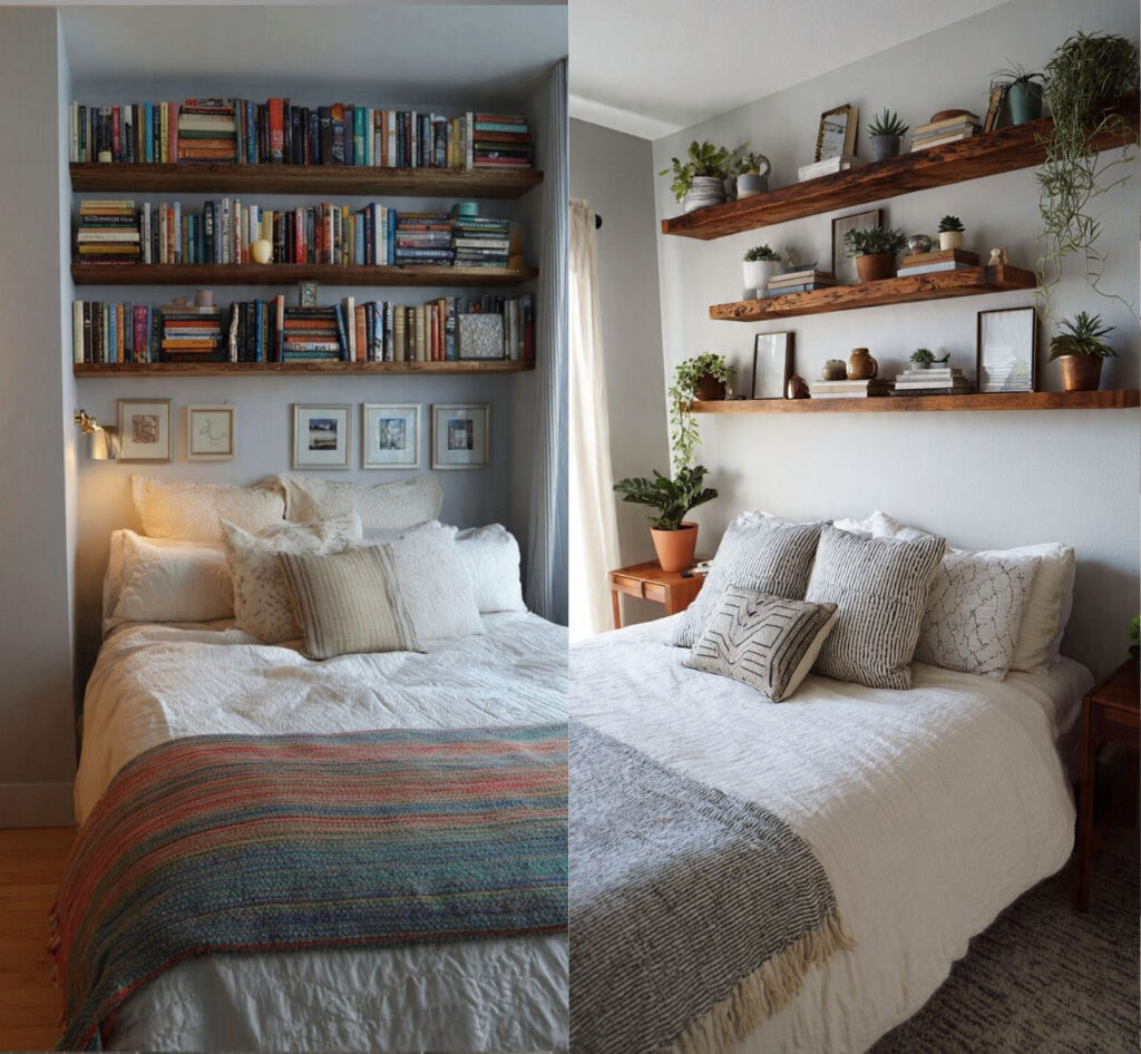 prateleiras acima cama quarto pequeno organização planejados.jpg