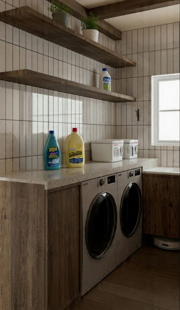 Como organizar lavanderia pequena: 8 ideias práticas para ganhar espaço prateleiras cima organização lavadora lavanderia pequena planejados