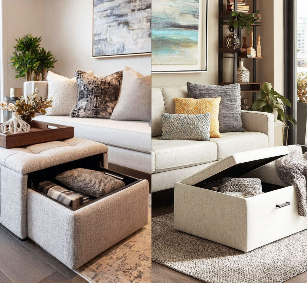 Como organizar sala pequena: 7 soluções práticas para ganhar espaço puff baú multifuncional sala pequena organização planejados.jpg